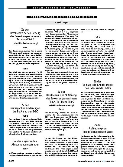 Vorschauseite 1: Mitteilungen: Zu den Beschlüssen der 73. Sitzung des Bewertungsausschusses Teil A und Teil B