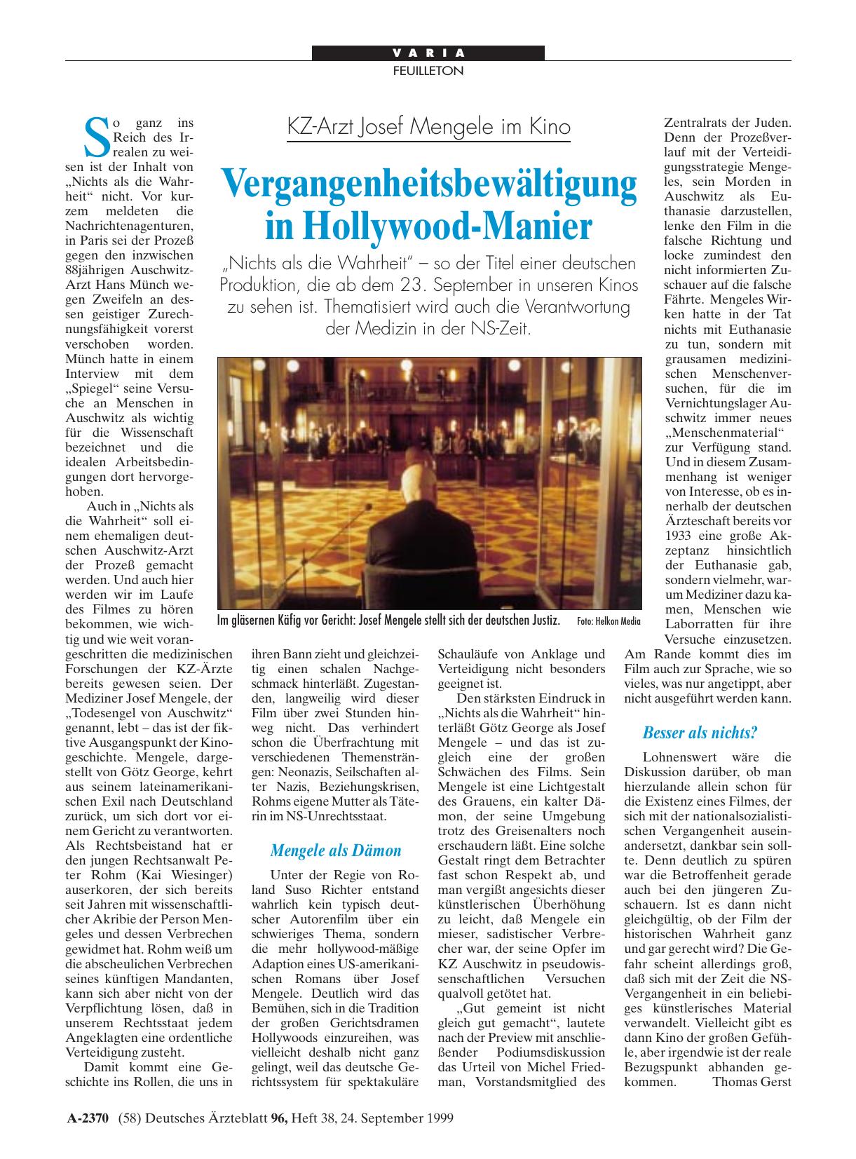 Vorschauseite 1: KZ-Arzt Josef Mengele im Kino: Vergangenheitsbewältigung in Hollywood-Manier