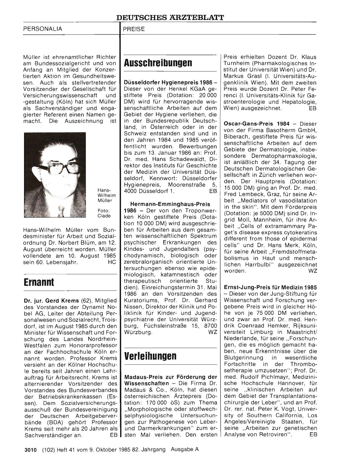 Vorschauseite 1: PREISE: Ausschreibungen - Hermann-Emminghaus-Preis 1986
