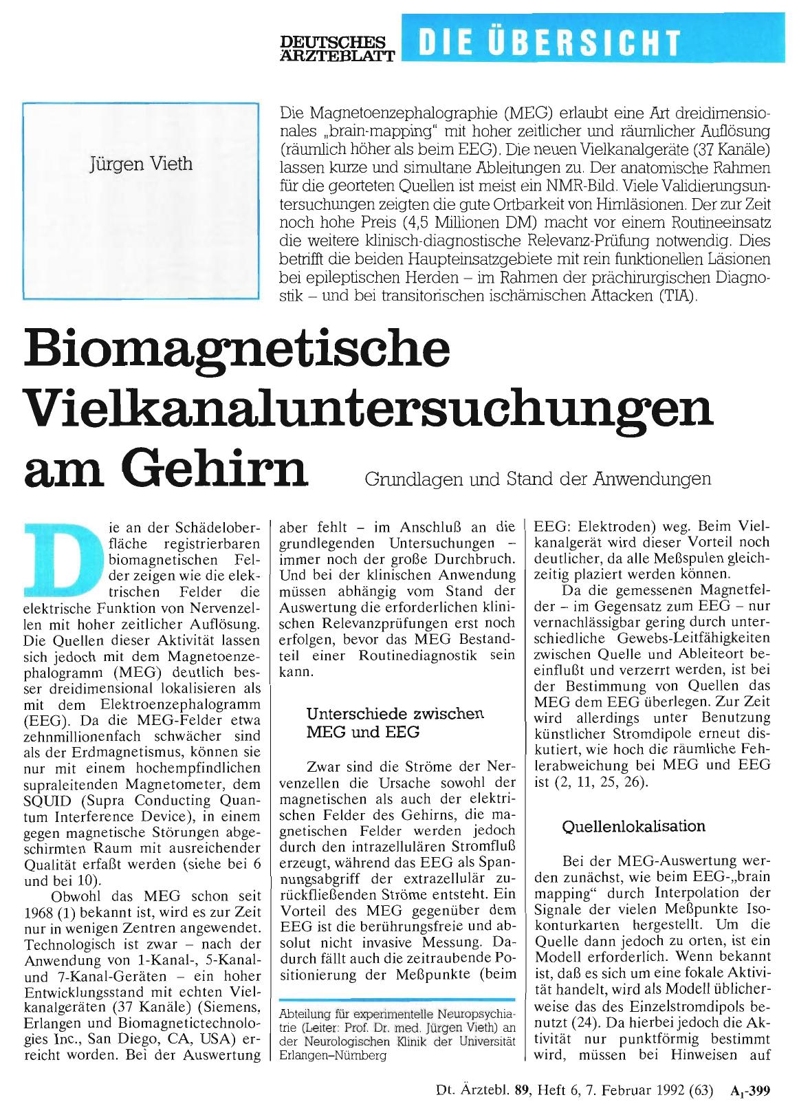 Vorschauseite 1: Biomagnetische Vielkanaluntersuchungen am Gehirn: Grundlagen und Stand der Anwendungen