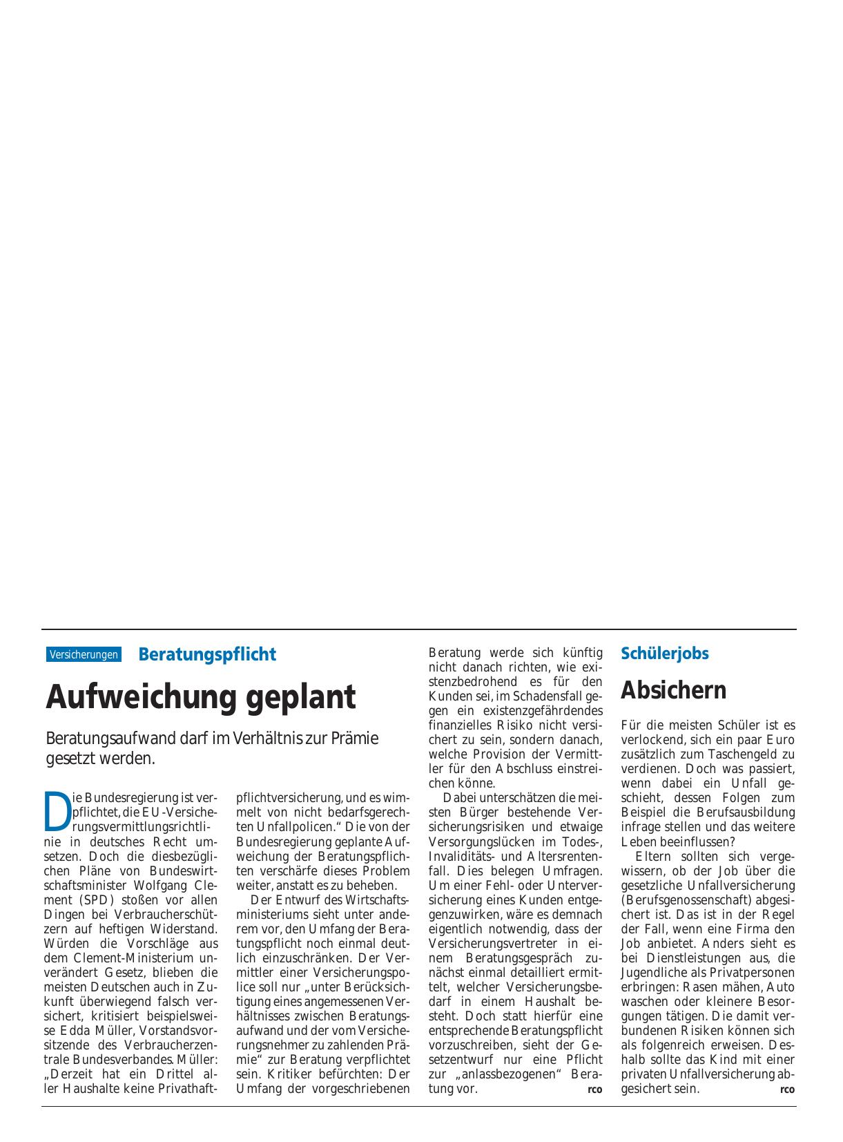 Vorschauseite 1: Beratungspflicht: Aufweichung geplant