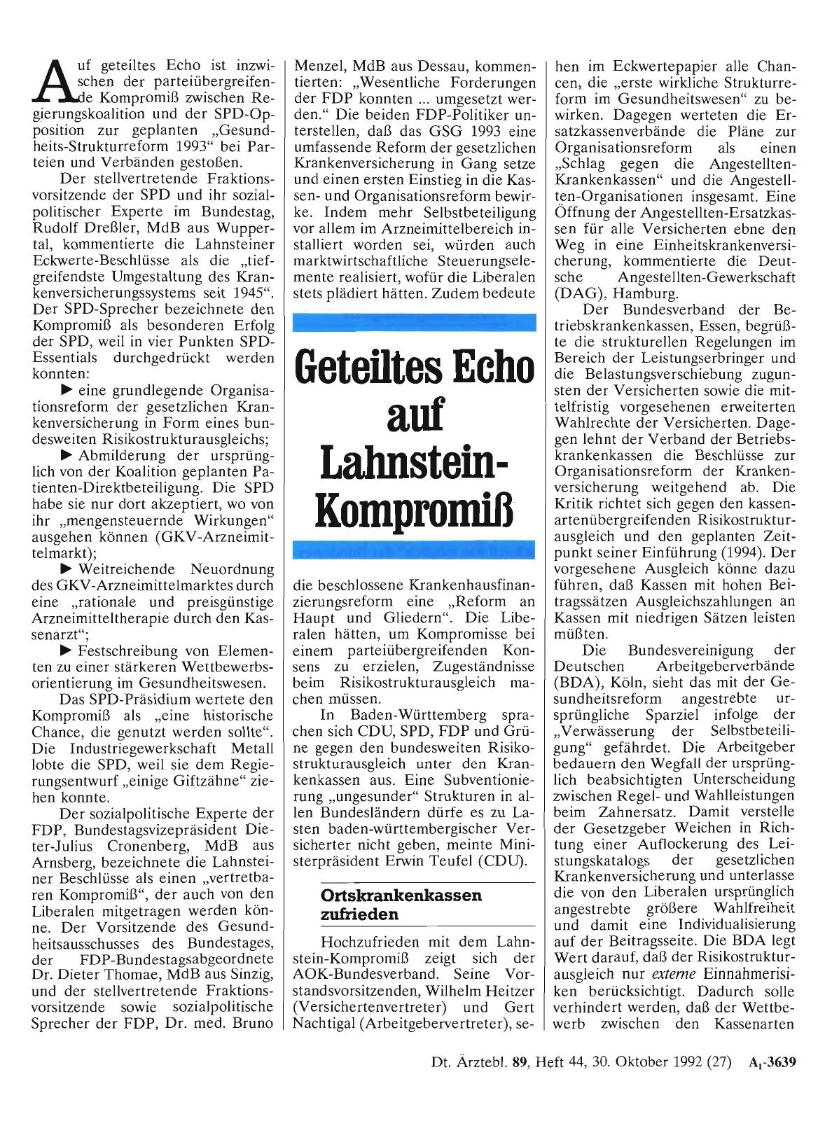 Vorschauseite 1: Geteiltes Echo auf Lahnstein-Kompromiß
