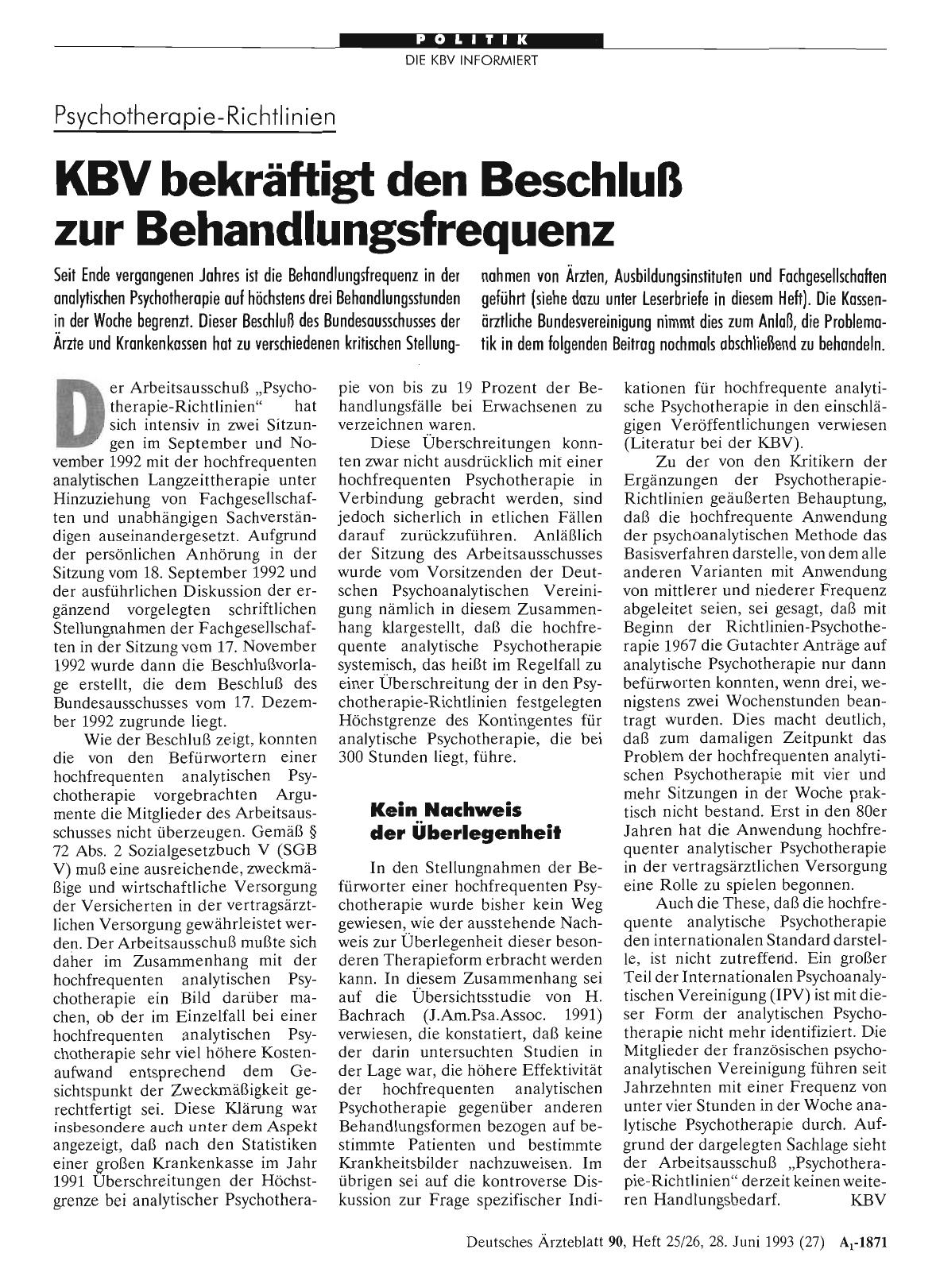 Vorschauseite 1: Psychotherapie-Richtlinien: KBV bekräftigt den Beschluß zur Behandlungsfrequenz