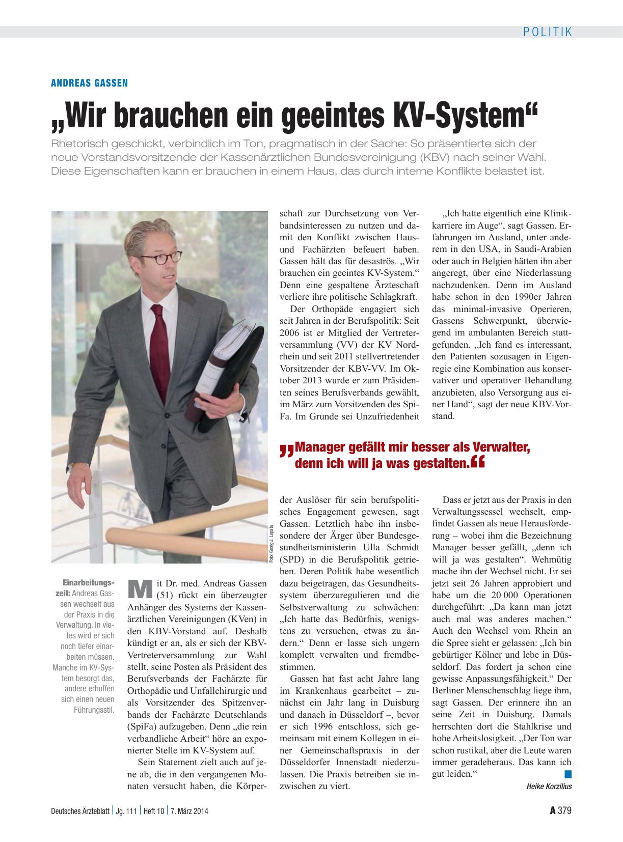 Vorschauseite 1: Andreas Gassen: „Wir brauchen ein geeintes KV-System“