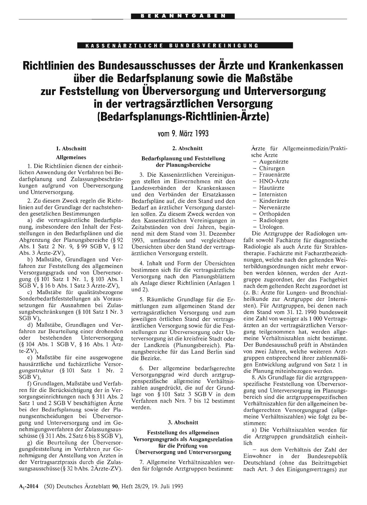 Vorschauseite 1: Richtlinien des Bundesausschusses der Ärzte und Krankenkassen über die Bedarfsplanung sowie die Maßstäbe zur Feststellung von Überversorgung und Unterversorgung in der vertragsärz…