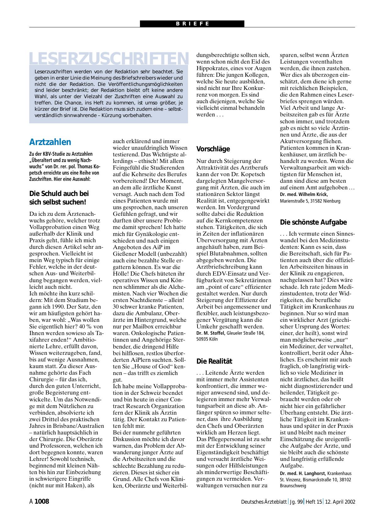 Vorschauseite 1: Arztzahlen: Vorschläge