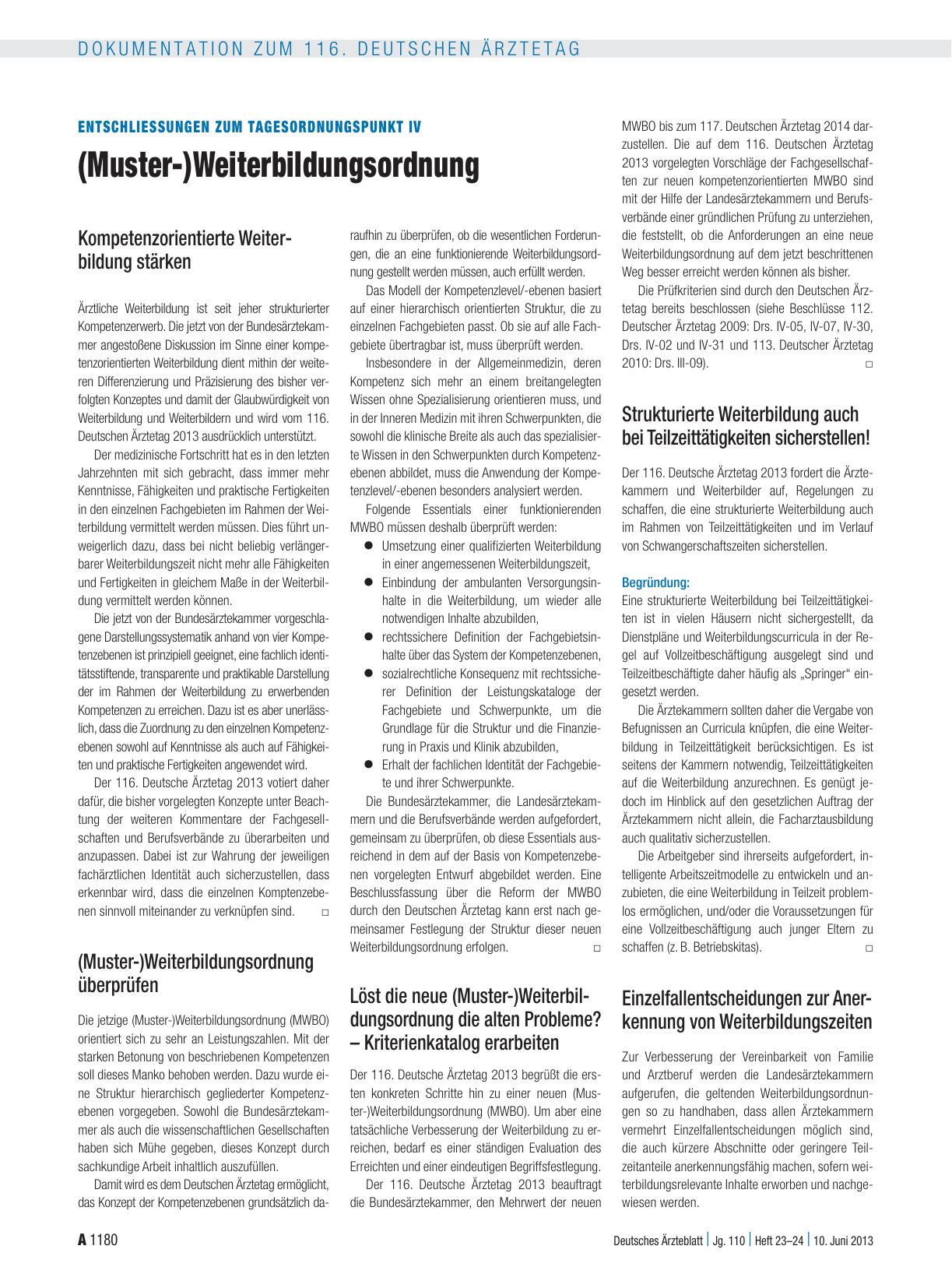Vorschauseite 1: Entschliessungen zum Tagesordnungspunkt IV: (Muster-)Weiterbildungsordnung