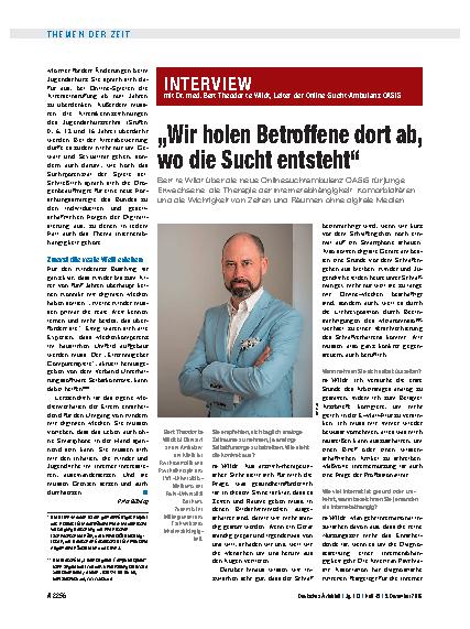 Vorschauseite 1: Interview mit Dr. med. Bert Theodor te Wildt, Leiter der Online-Sucht-Ambulanz OASIS: „Wir holen Betroffene dort ab, wo die Sucht entsteht“