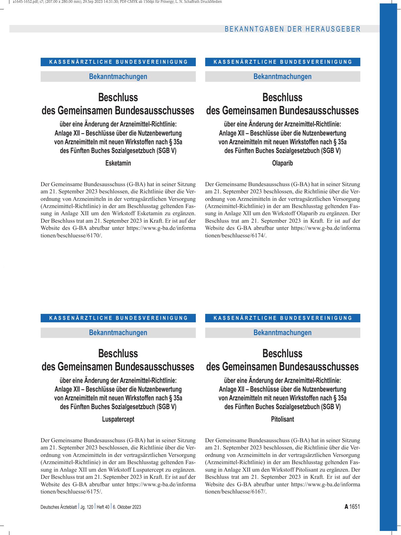 Vorschauseite 1: Beschluss des Gemeinsamen Bundesausschusses über eine Änderung der Arzneimittel-Richtlinie: Esketamin
