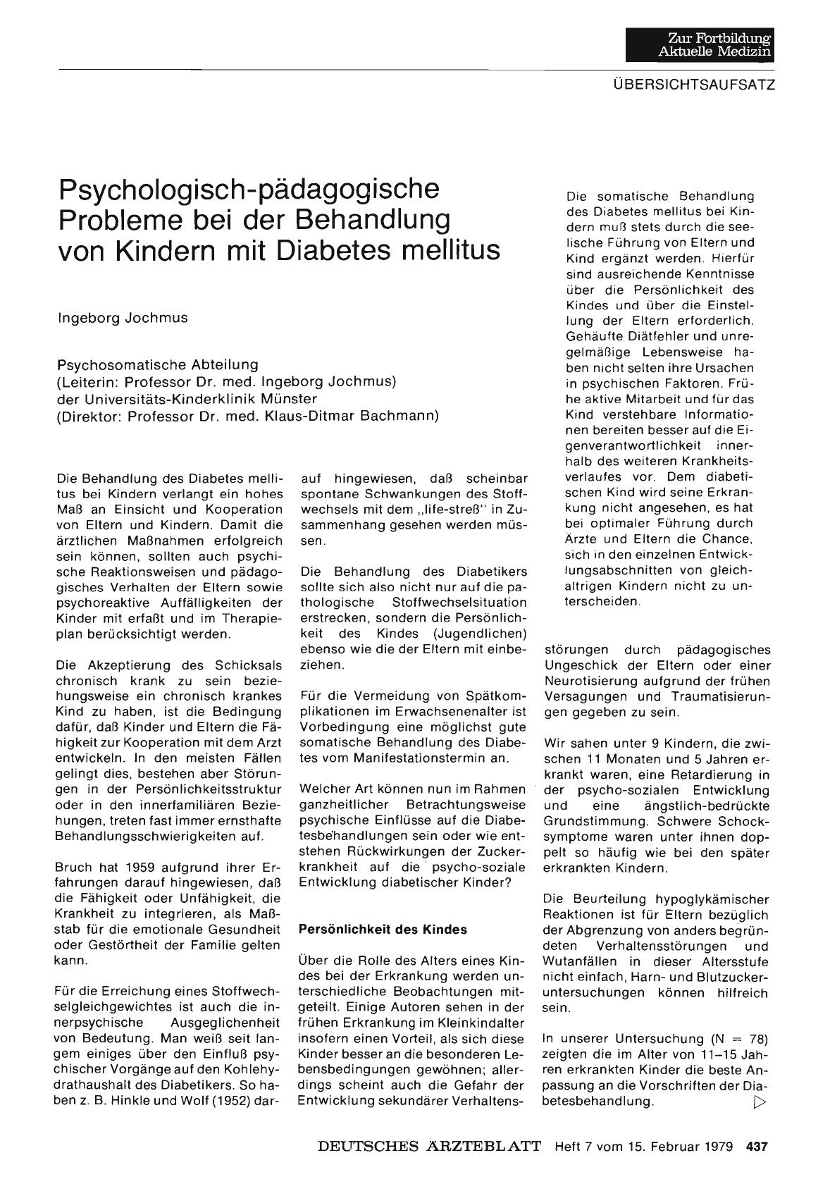 Vorschauseite 1: Psychologisch-pädagogische Probleme bei der Behandlung von Kindern mit Diabetes mellitus