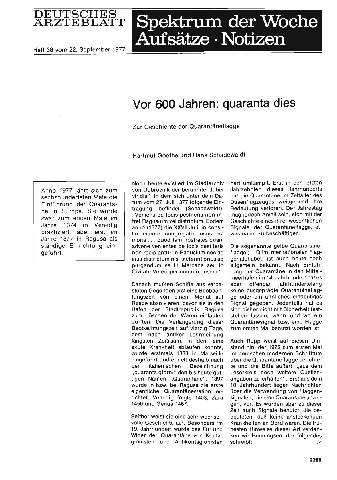 Vorschauseite 1: Vor 600 Jahren: quaranta dies: Zur Geschichte der Quarantäneflagge