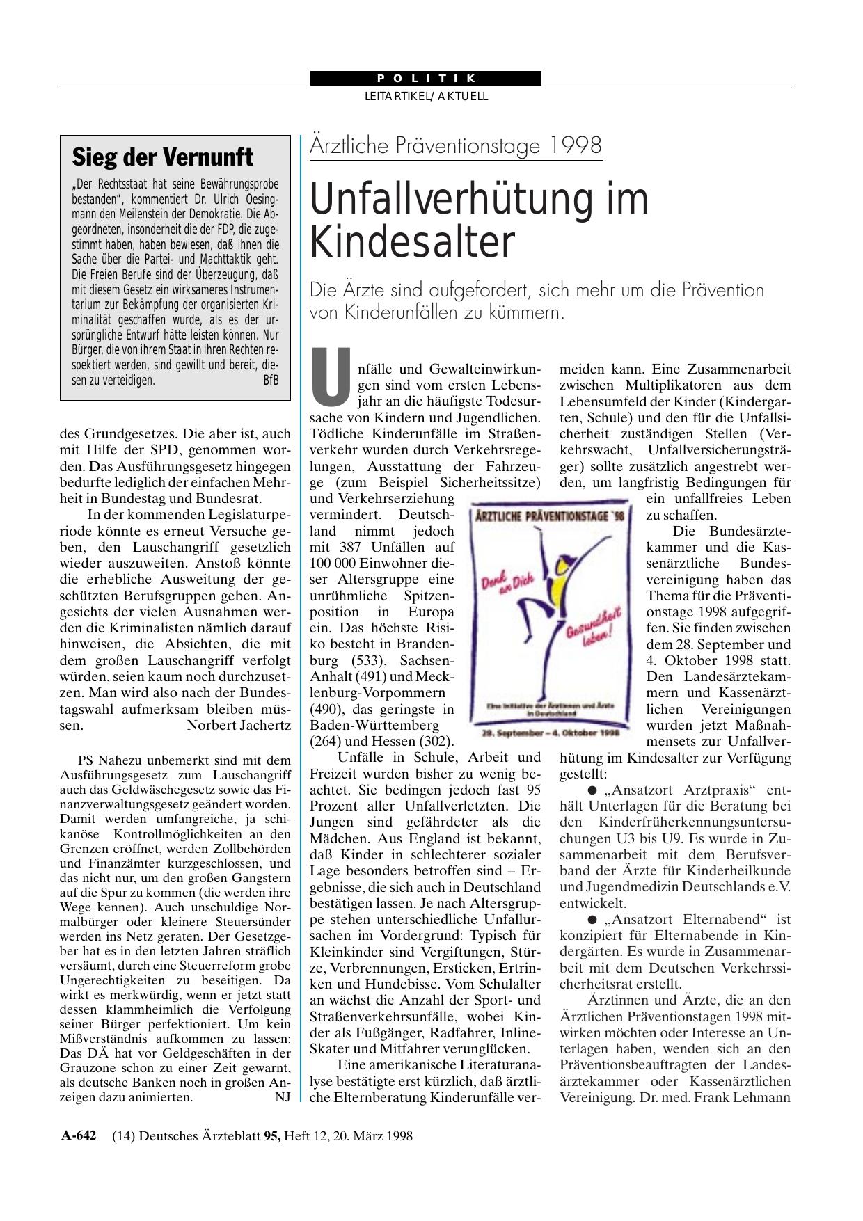 Vorschauseite 1: Ärztliche Präventionstage 1998: Unfallverhütung im Kindesalter