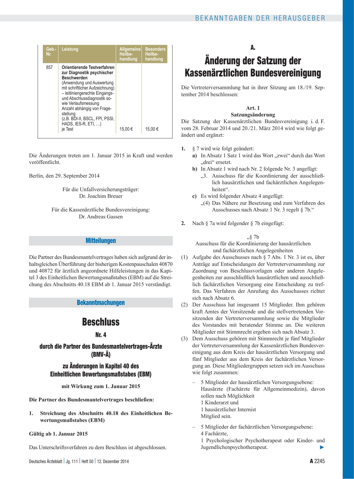 Vorschauseite 1: A. Änderung der Satzung der Kassenärztlichen Bundesvereinigung B.