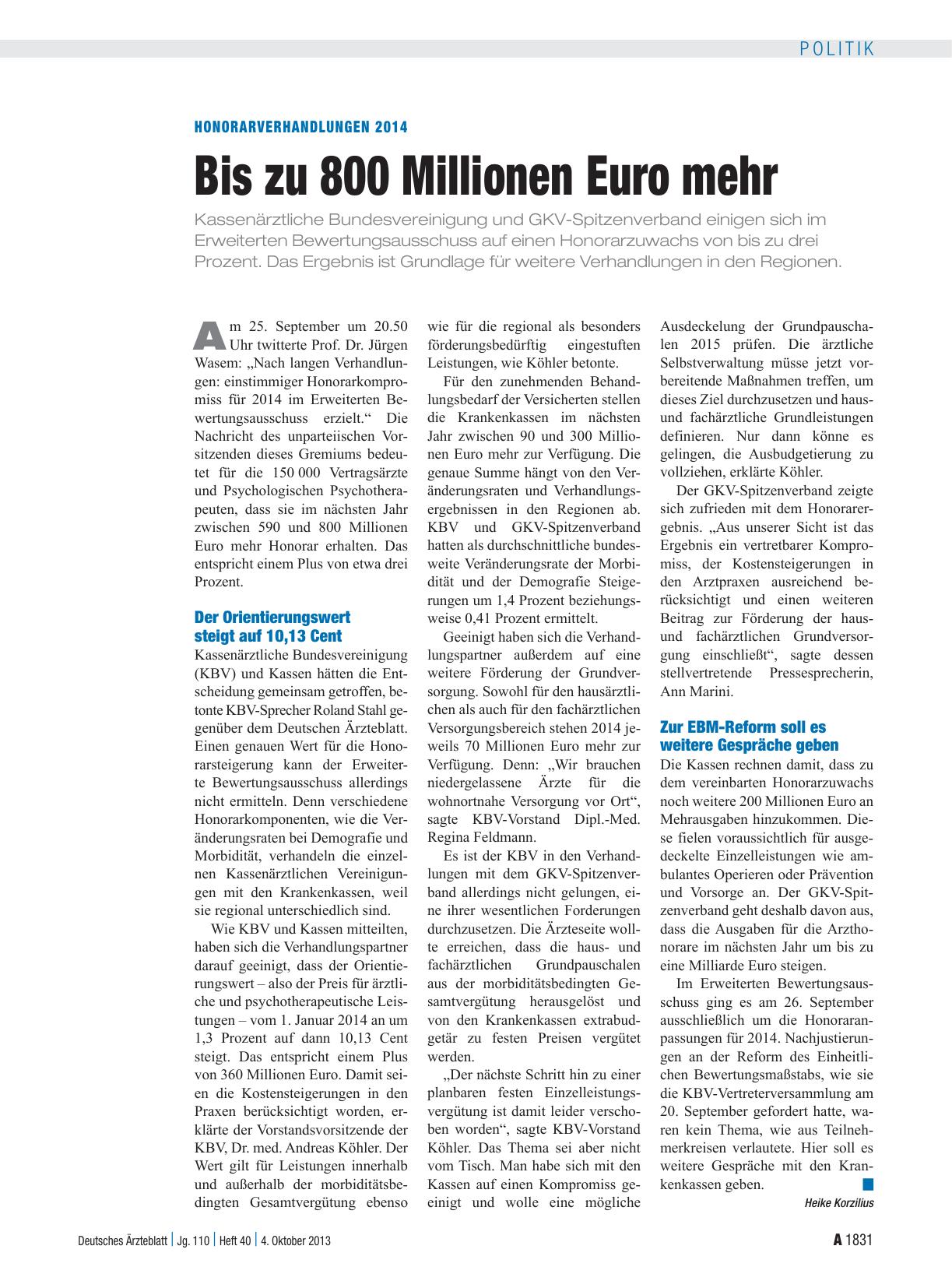Vorschauseite 1: Honorarverhandlungen 2014: Bis zu 800 Millionen Euro mehr