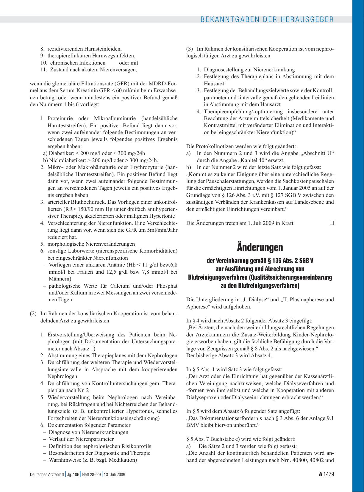 Vorschauseite 1: Bekanntmachungen: Änderungen der Vereinbarung gemäß § 135 Abs. 2 SGB V zur Ausführung und Abrechnung von Blutreinigungsverfahren (Qualitätssicherungsvereinbarung zu den Blutreinig…
