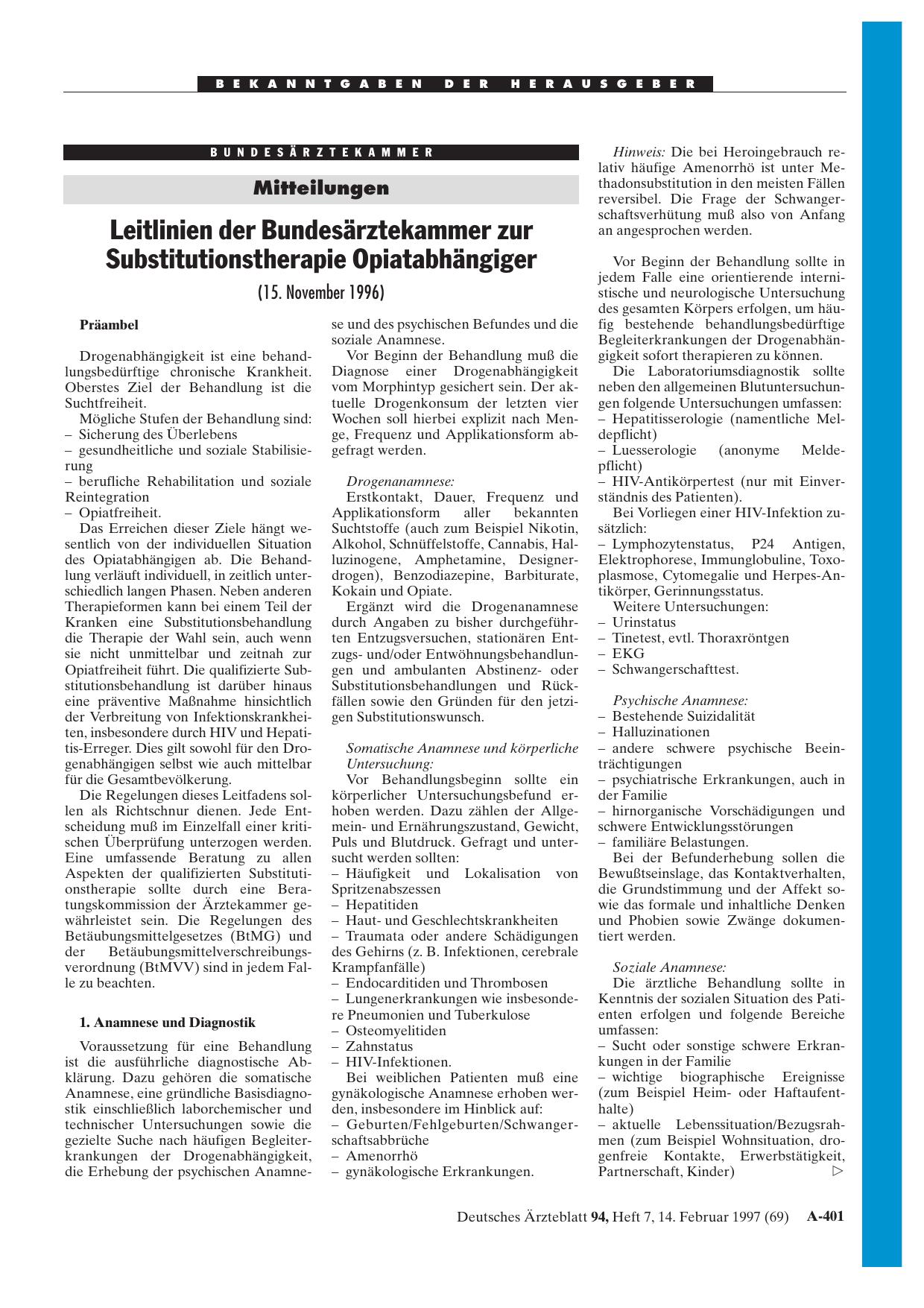 Vorschauseite 1: Mitteilungen: Leitlinien der Bundesärztekammer zur Substitutionstherapie Opiatabhängiger (15. November 1996)