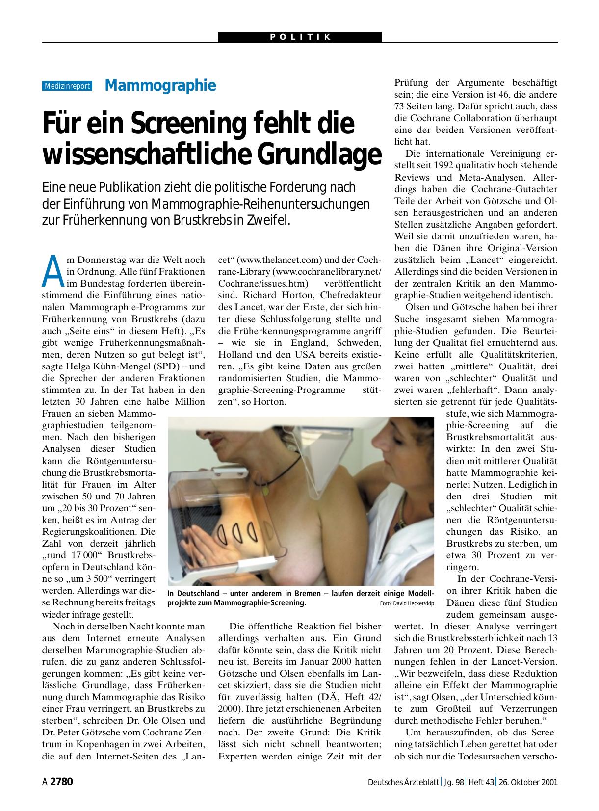 Vorschauseite 1: Mammographie: Für ein Screening fehlt die wissenschaftliche Grundlage