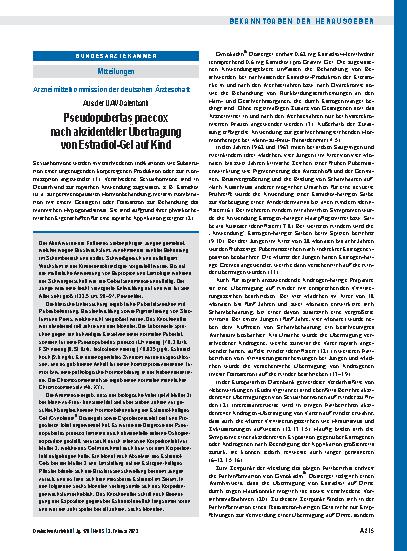 Vorschauseite 1: "Aus der UAW-Datenbank" Pseudopubertas praecox nach akzidenteller Übertragung von Estradiol-Gel auf Kind