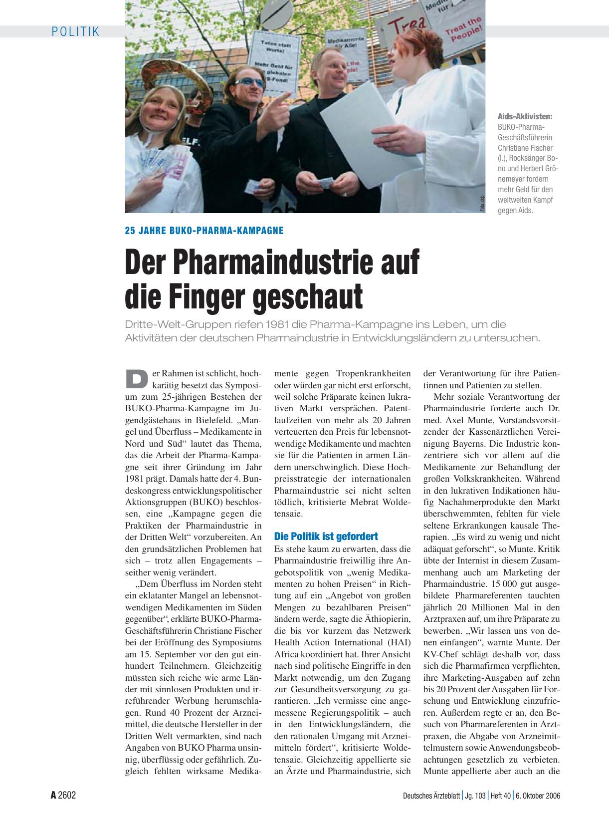 Vorschauseite 1: 25 Jahre BUKO-Pharma-Kampagne: Der Pharmaindustrie auf die Finger geschaut
