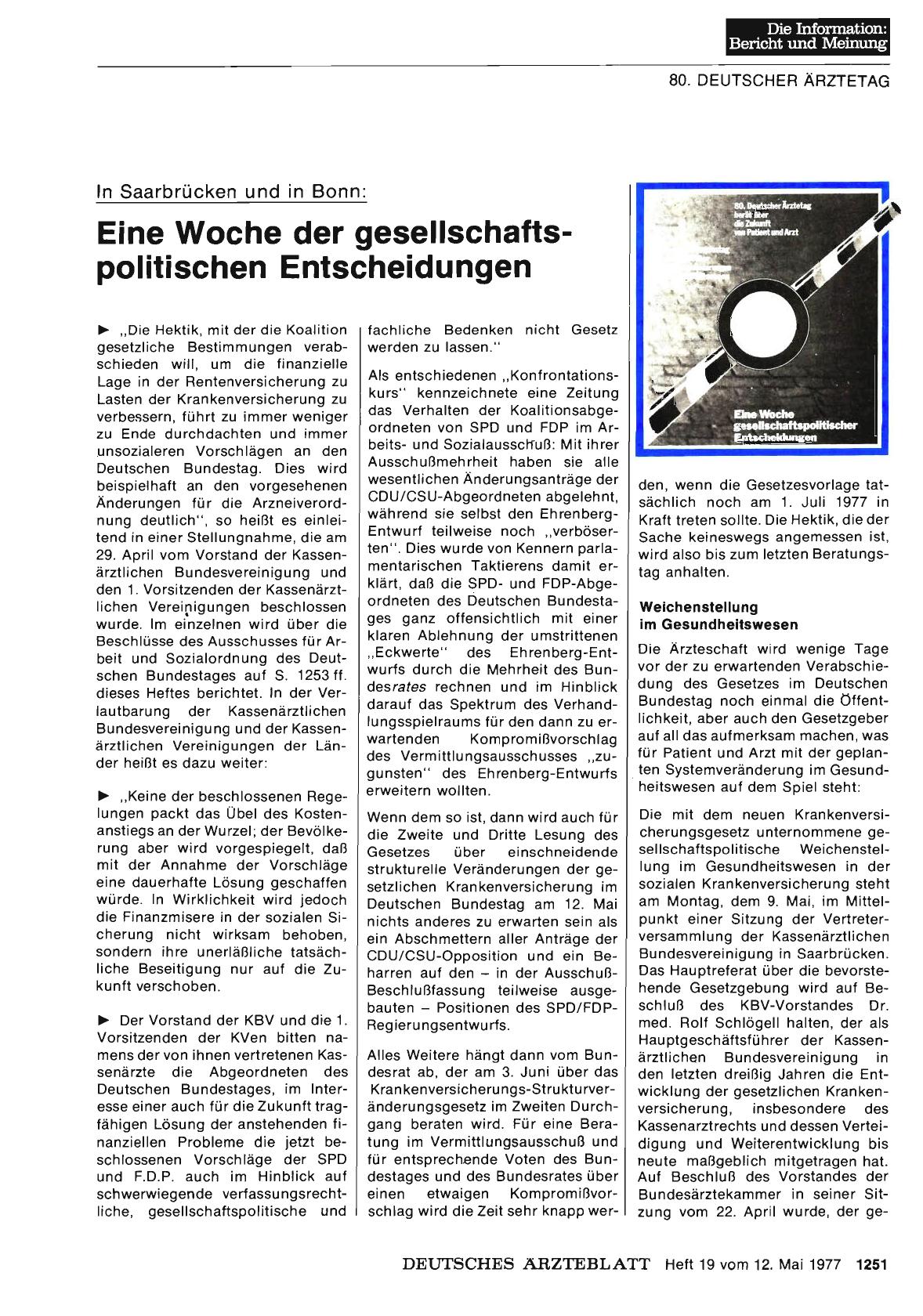 Vorschauseite 1: ln Saarbrücken und in Bonn: Eine Woche der gesellschaftspolitischen Entscheidungen