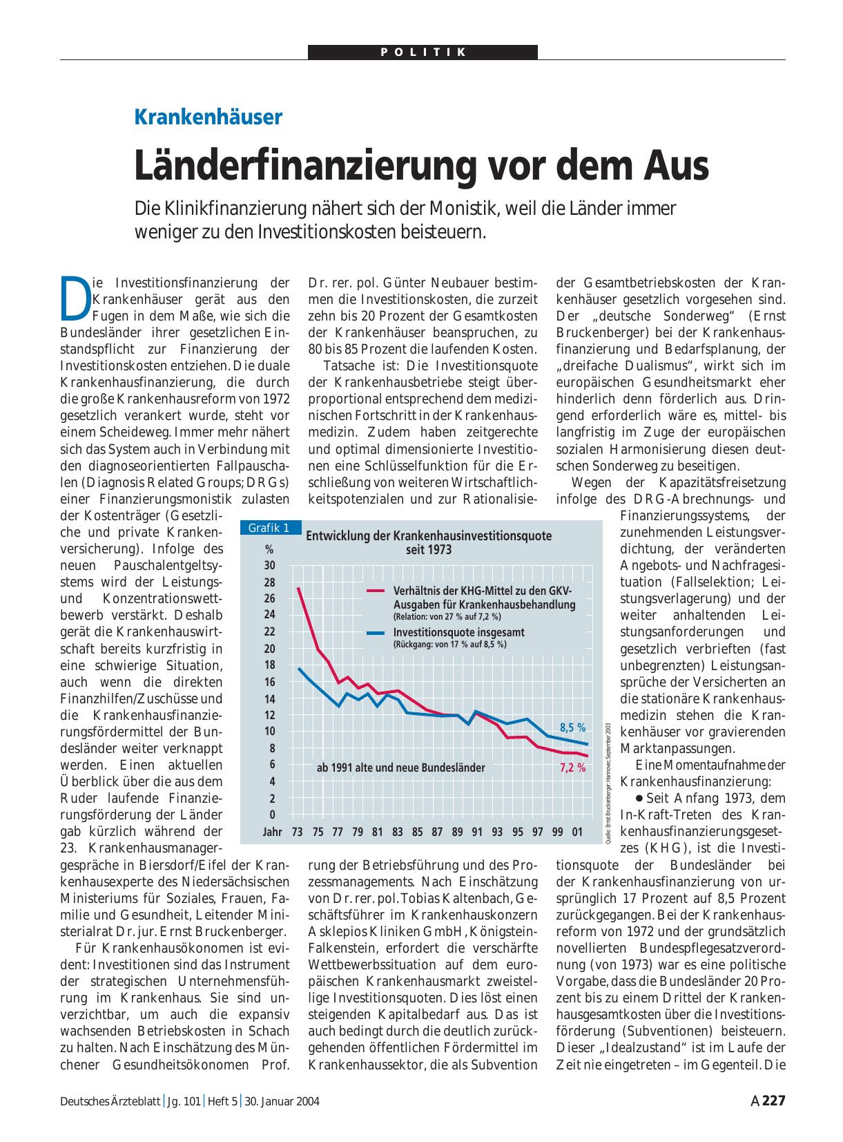 Vorschauseite 1: Krankenhäuser: Länderfinanzierung vor dem Aus
