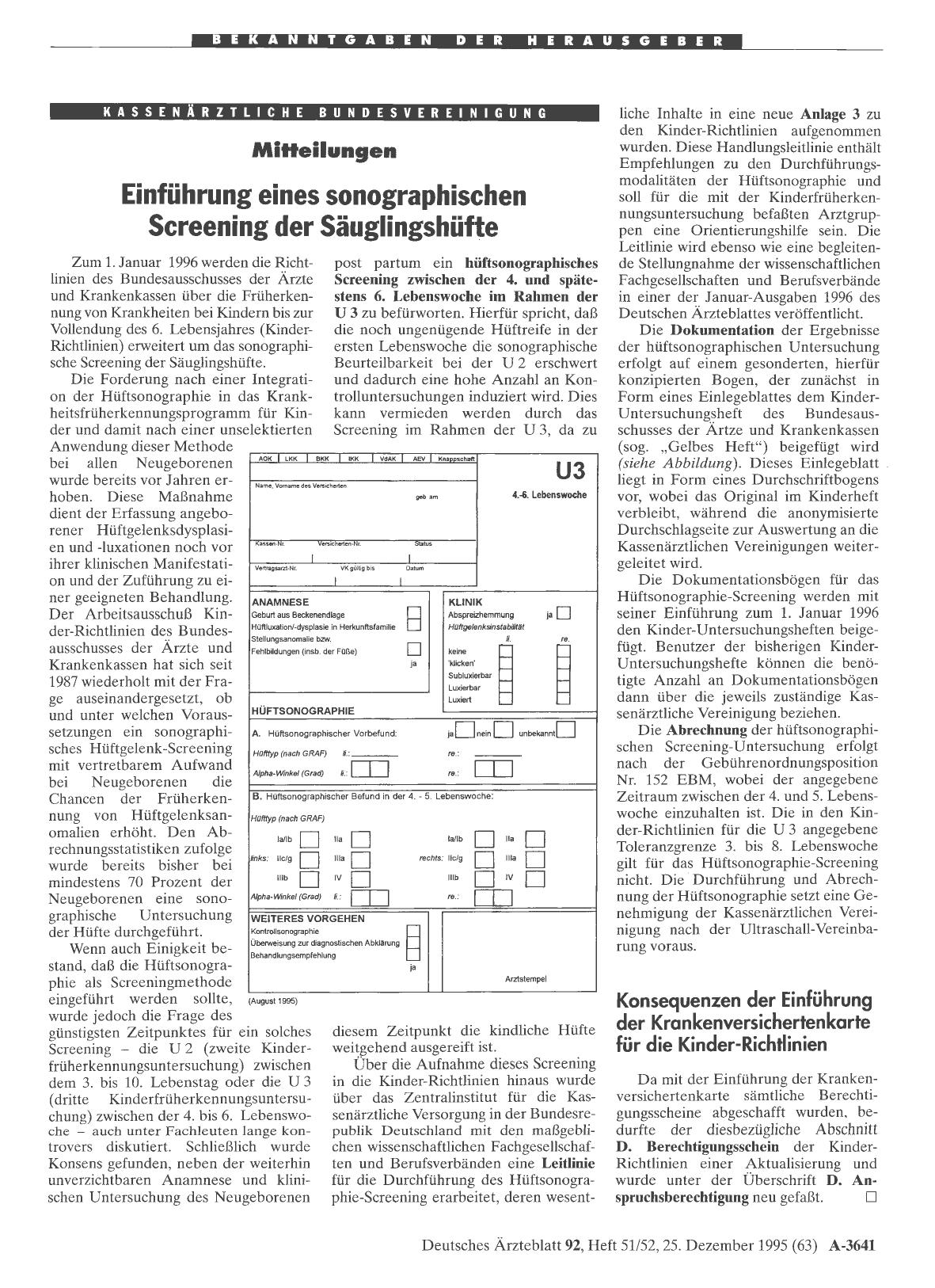 Vorschauseite 1: Mitteilungen. Einführung eines sonographischen Screening der Säuglingshüfte