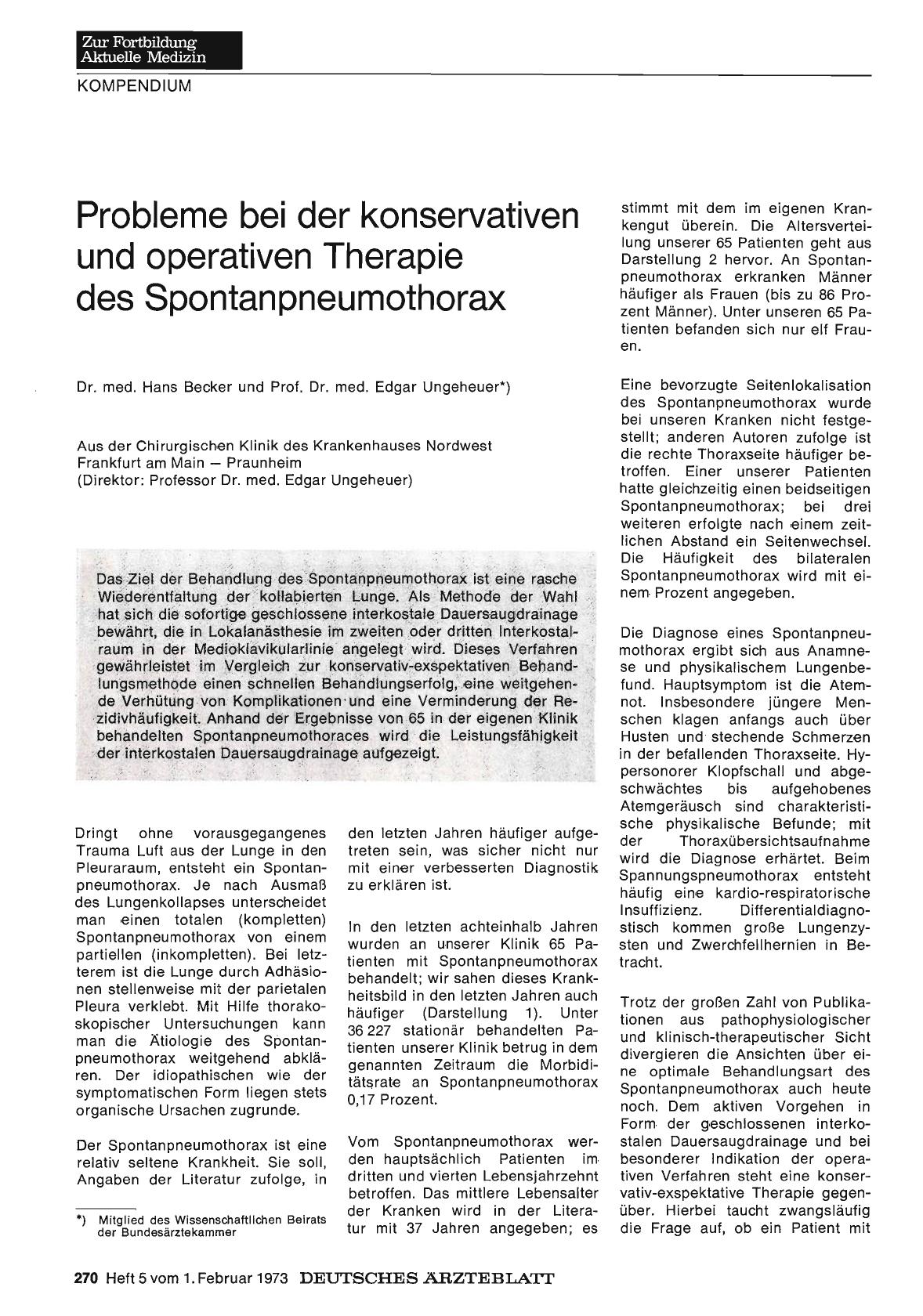 Vorschauseite 1: Probleme bei der konservativen und operativen Therapie des Spontanpneumothorax