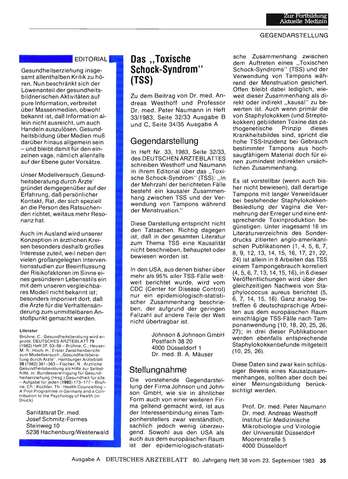 Vorschauseite 1: Das „Toxische Schock-Syndrom“ (TSS): Stellungnahme