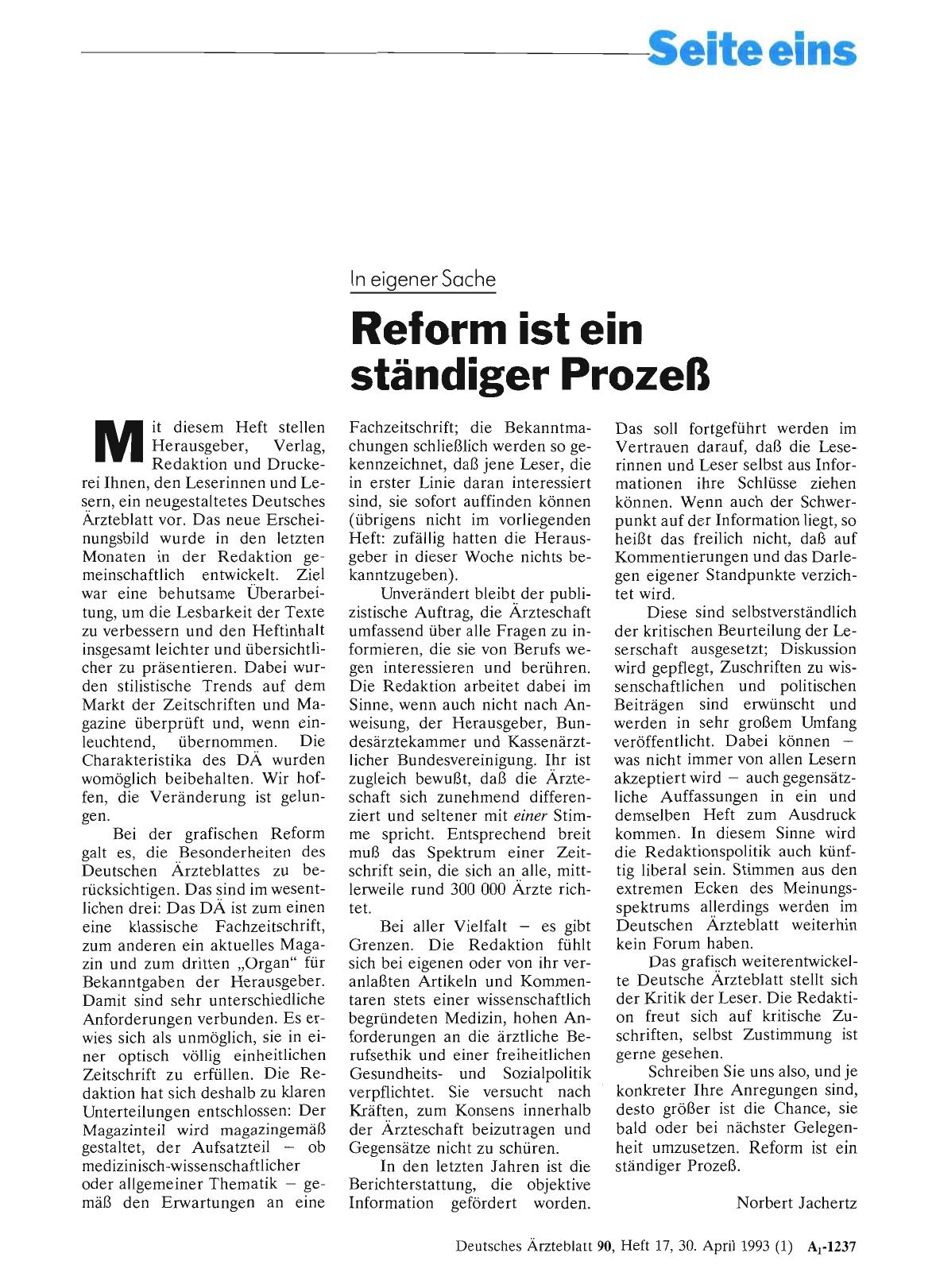Vorschauseite 1: In eigener Sache: Reform ist ein ständiger Prozeß