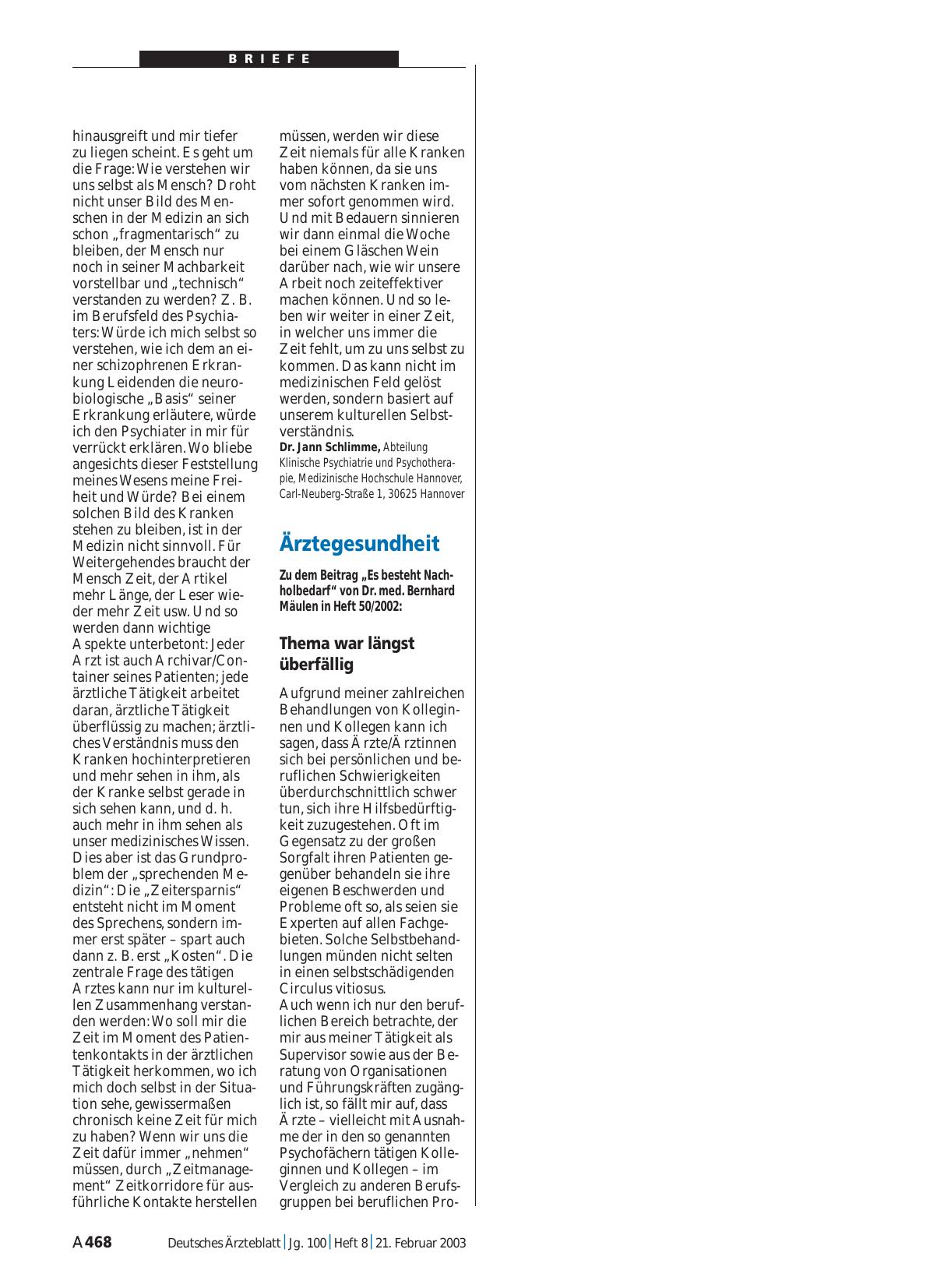 Vorschauseite 1: Ärztegesundheit: Thema war längst überfällig