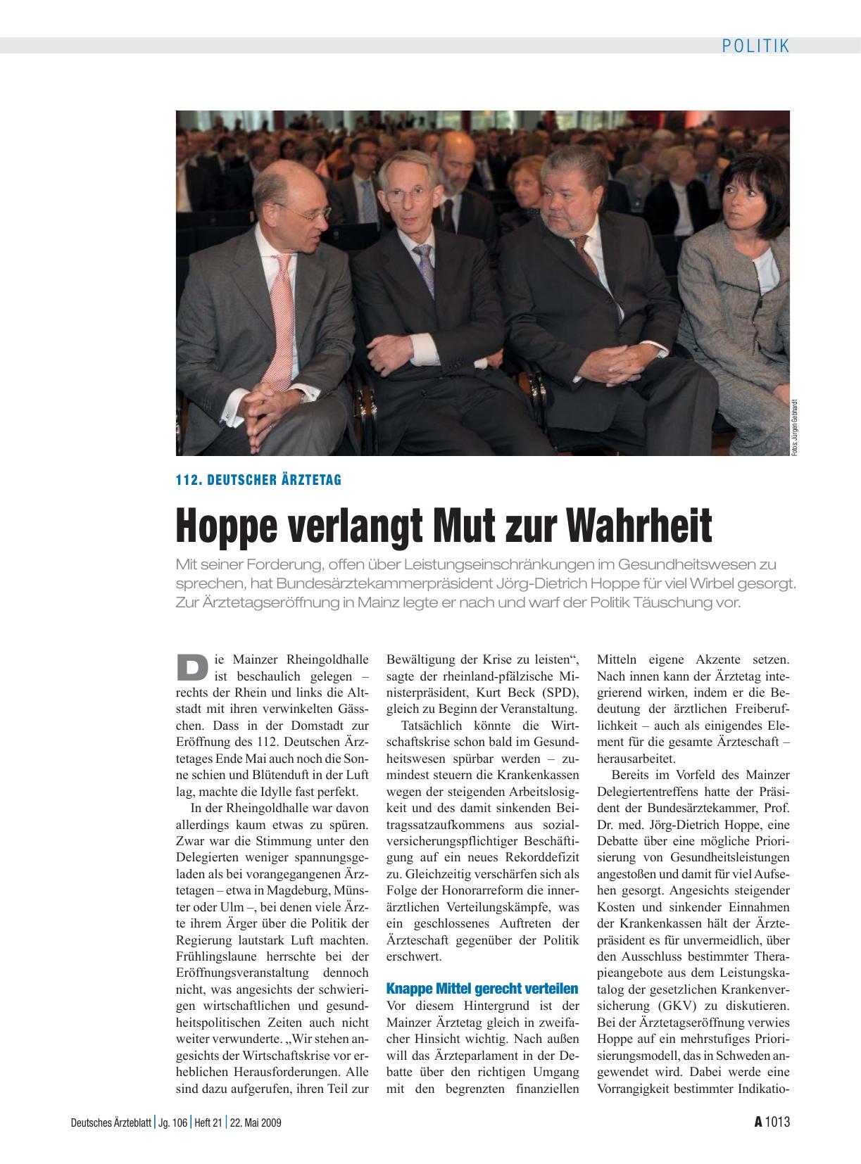 Vorschauseite 1: 112. Deutscher Ärztetag: Hoppe verlangt Mut zur Wahrheit