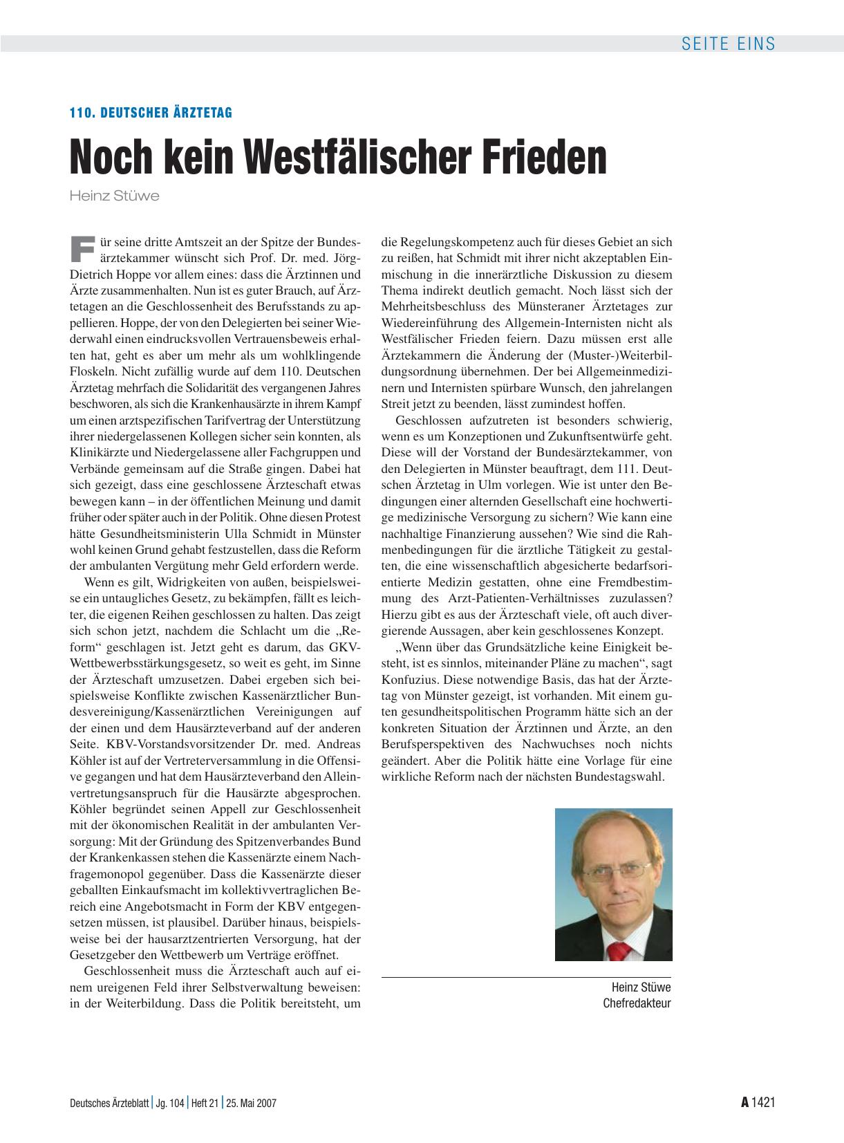 Vorschauseite 1: 110. Deutscher Ärztetag: Noch kein Westfälischer Frieden