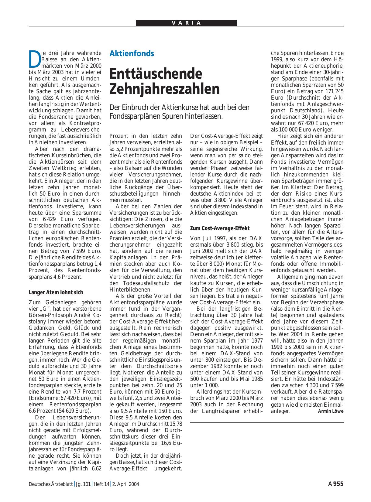 Vorschauseite 1: Aktienfonds: Enttäuschende Zehnjahreszahlen