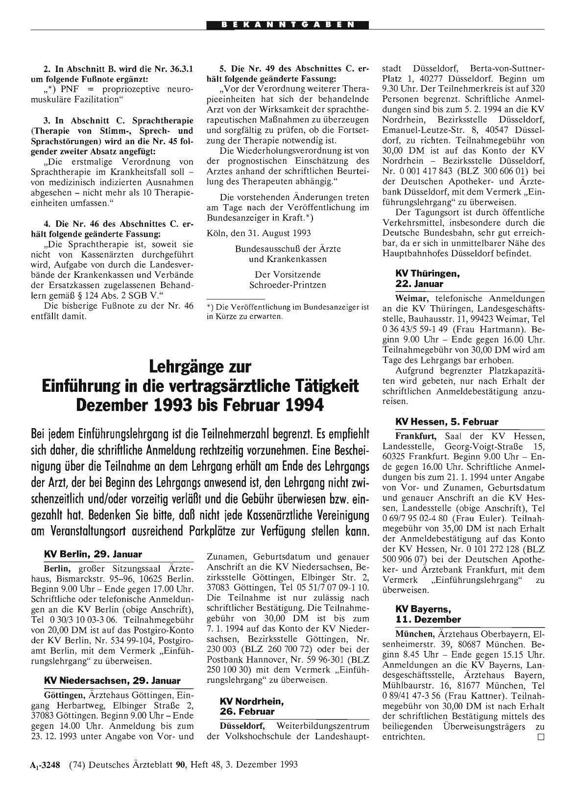 Vorschauseite 1: Lehrgänge zur Einführung in die vertragsärztliche Tätigkeit Dezember 1993 bis Februar 1994