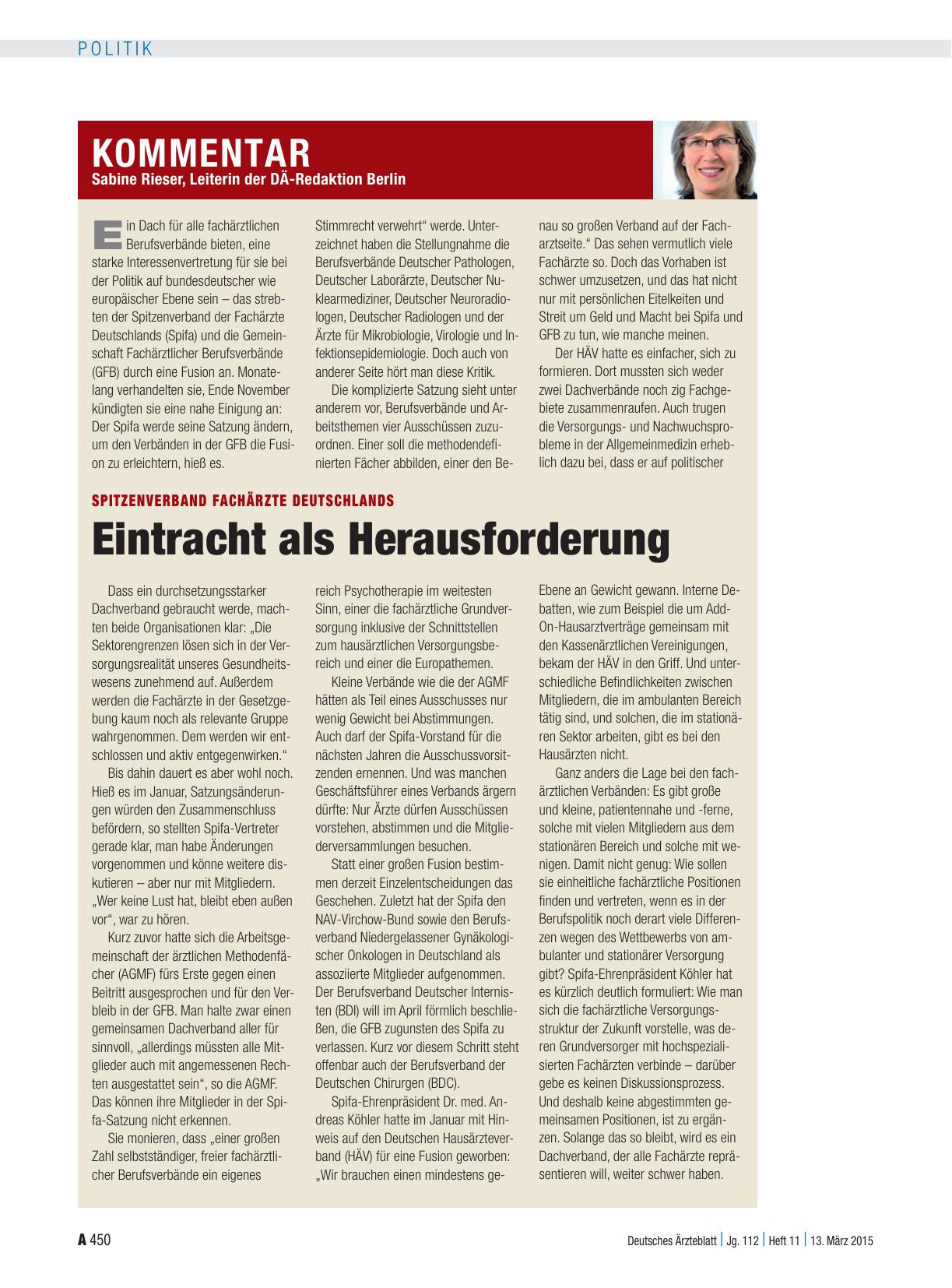 Vorschauseite 1: Spitzenverband Fachärzte Deutschlands: Eintracht als Herausforderung