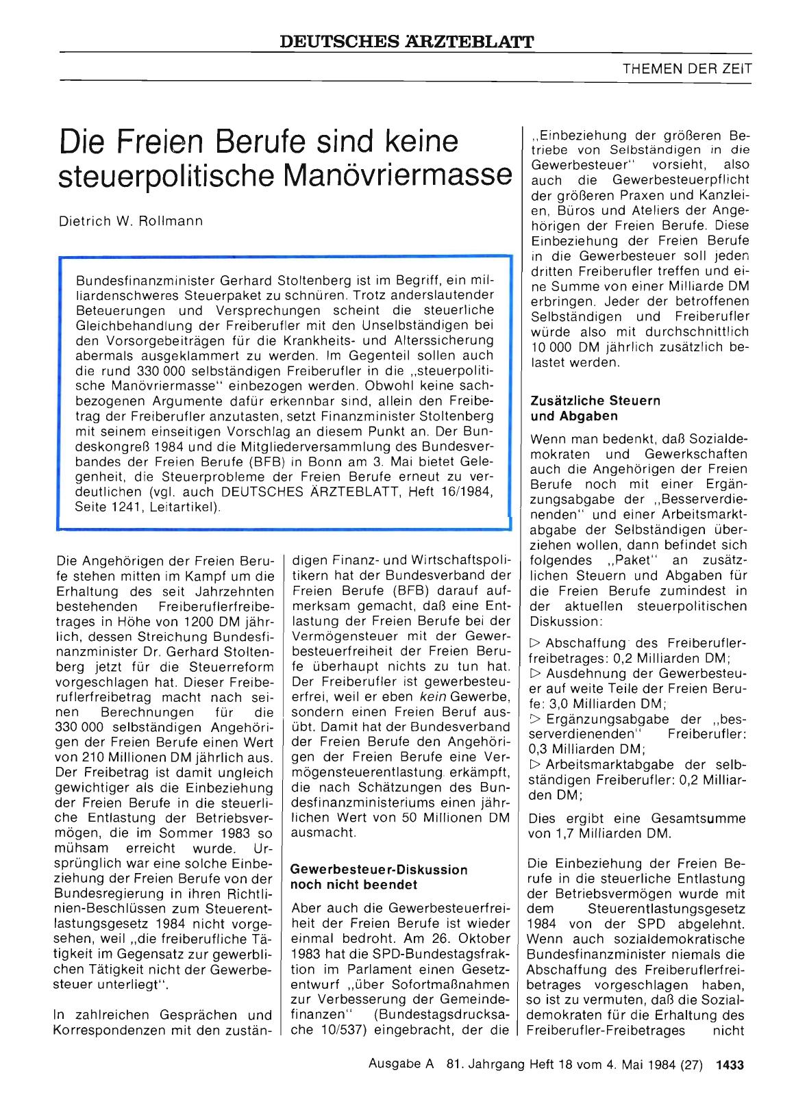 Vorschauseite 1: Die Freien Berufe sind keine steuerpolitische Manövriermasse