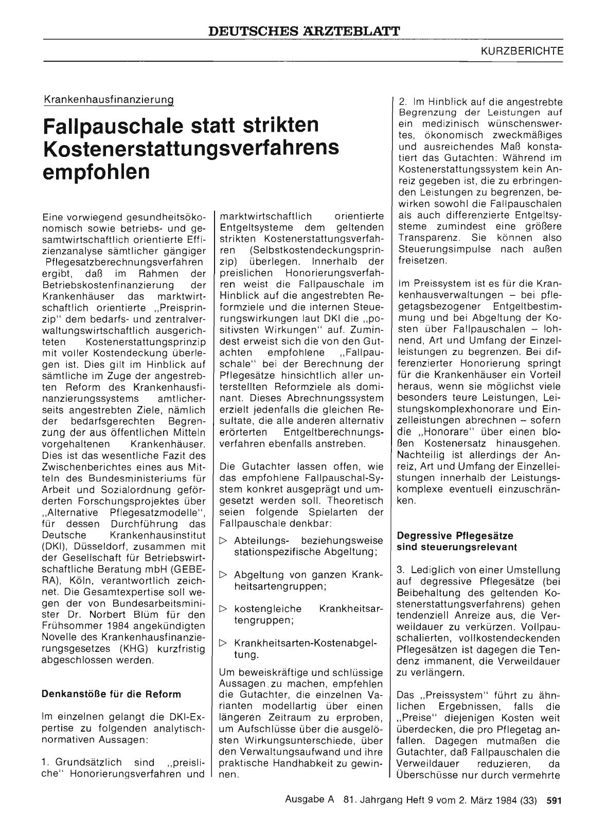 Vorschauseite 1: Krankenhausfinanzierung Fallpauschale statt strikten Kostenerstattu ngsverfah rens empfohlen