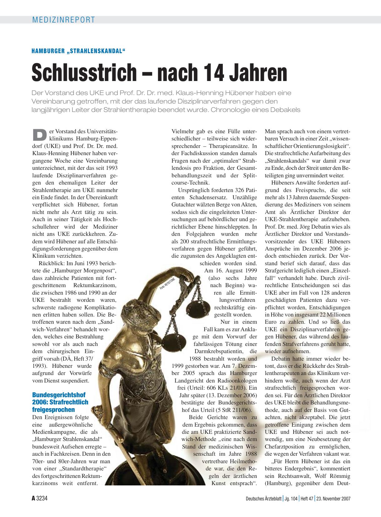 Vorschauseite 1: Hamburger „Strahlenskandal“: Schlusstrich – nach 14 Jahren