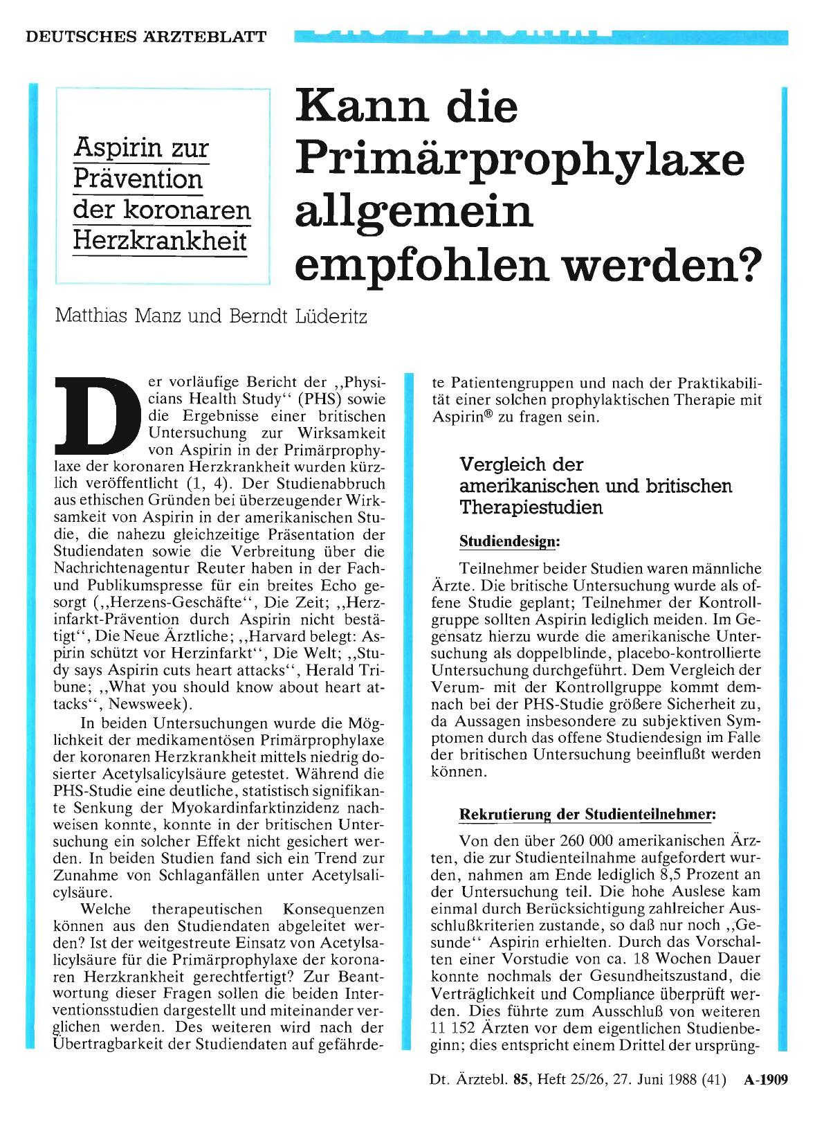 Vorschauseite 1: Aspirin zur Prävention der koronaren Herzkrankheit: Kann die Primärprophylaxe allgemein empfohlen werden?