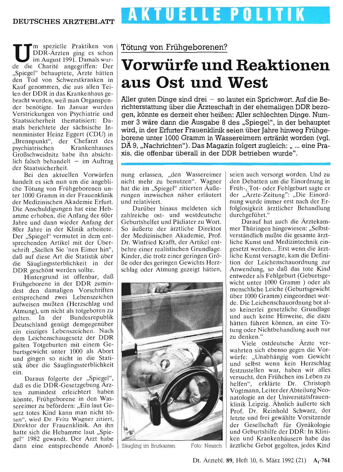 Vorschauseite 1: Tötung von Frühgeborenen? Vorwürfe und Reaktionen aus Ost und West