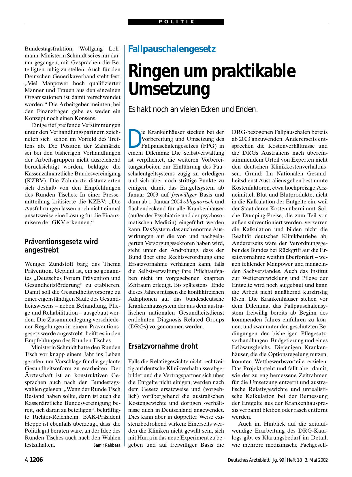 Vorschauseite 1: Fallpauschalengesetz: Ringen um praktikable Umsetzung