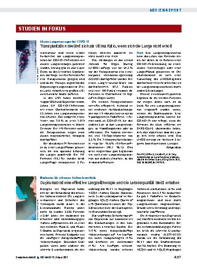 Vorschauseite 1: Akutes Lungenversagen bei COVID-19: Transplantation bewährt sich als Ultima Ratio, wenn sich die Lunge nicht erholt
