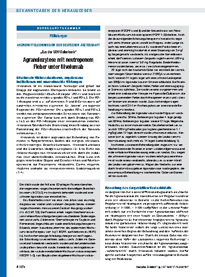 Vorschauseite 1: Arzneimittelkommission der Deutschen Ärzteschaft: „Aus der UAW-Datenbank“ Agranulozytose mit neutropenem Fieber unter Nivolumab