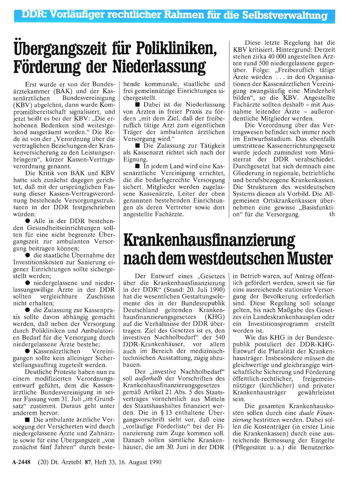 Vorschauseite 1: DDR: Übergangszeit für Polikliniken, Förderung der Niederlassung