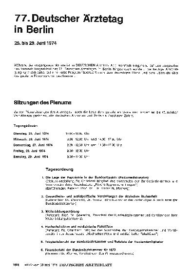 Vorschauseite 1: 77. Deutscher Ärztetag in Berlin 25. bis 29. Juni 1974