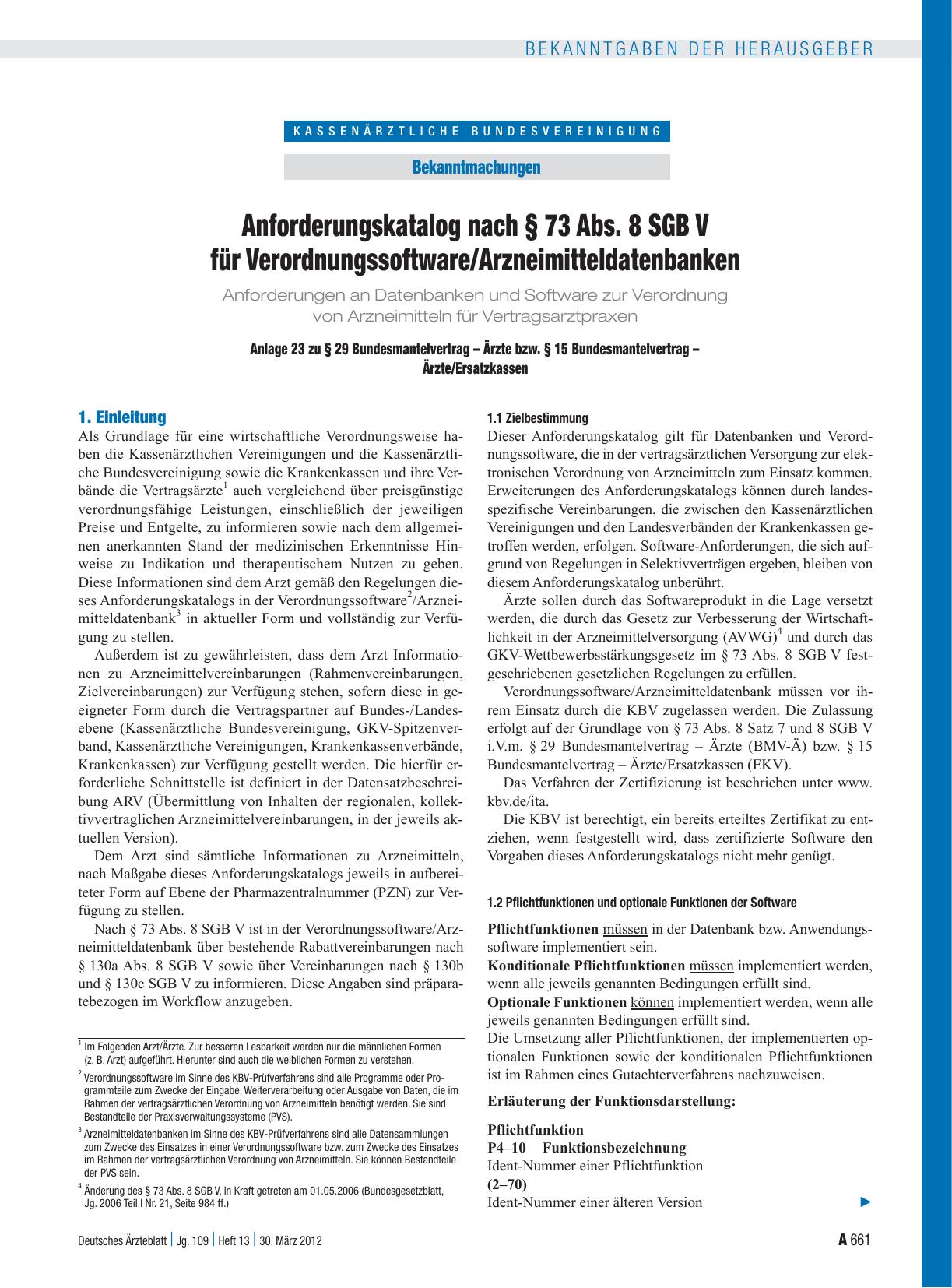 Vorschauseite 1: Anforderungskatalog nach § 73 Abs. 8 SGB V für Verordnungssoftware/Arzneimitteldatenbanken Anlage 23 zu § 29 Bundesmantelvertrag – Ärzte bzw. § 15 Bundesmantelvertrag – Ärzte/Ersa…