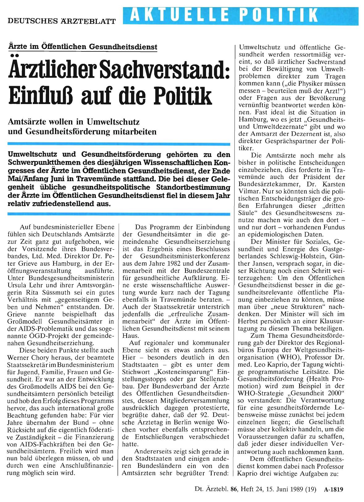 Vorschauseite 1: Ärzte im Öffentlichen Gesundheitsdienst: Ärztlicher Sachverstand: Einfluß auf die Politik