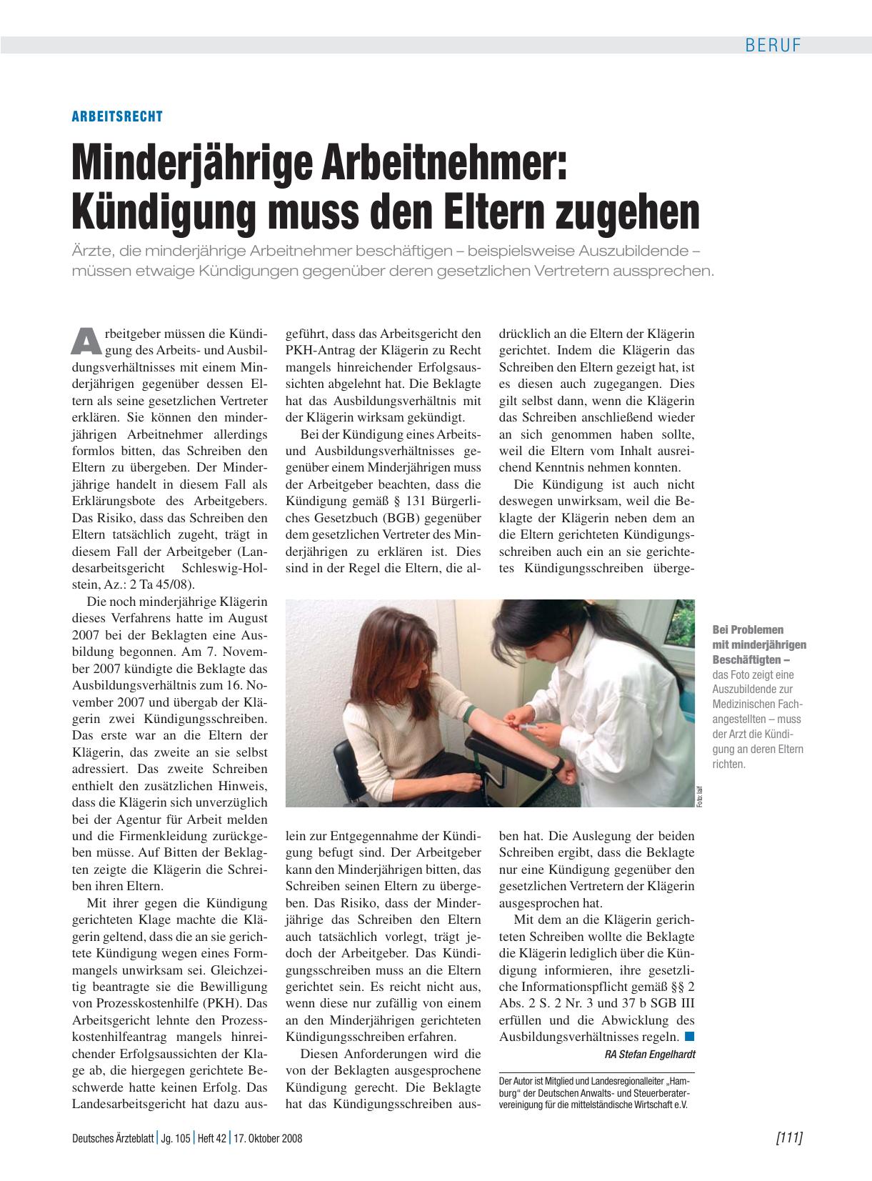Vorschauseite 1: Arbeitsrecht - Minderjährige Arbeitnehmer: Kündigung muss den Eltern zugehen