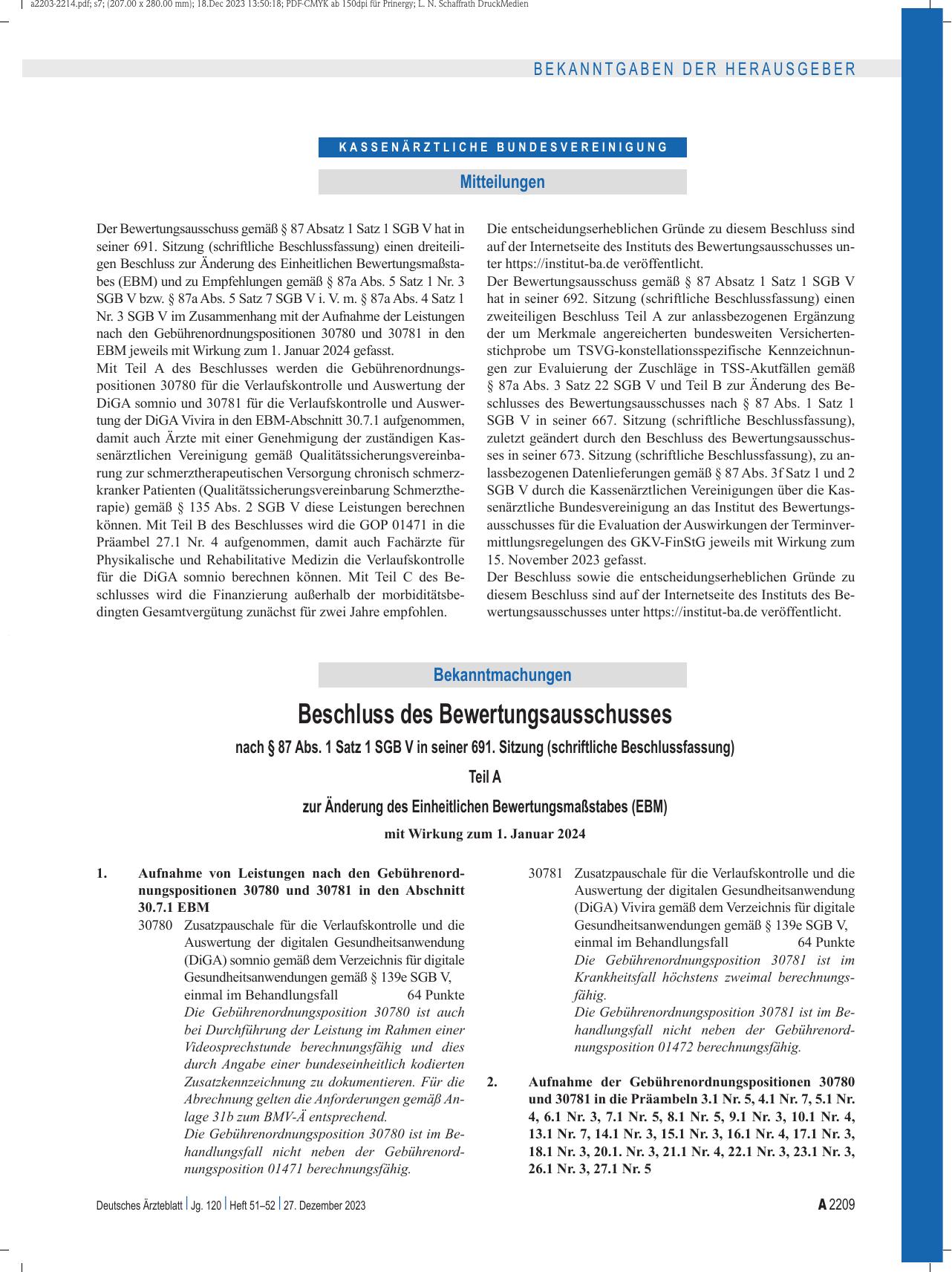Vorschauseite 1: Beschluss des Bewertungsausschusses nach § 87 Abs. 1 Satz 1 SGB V in seiner 691. Sitzung (schriftliche Beschlussfassung)