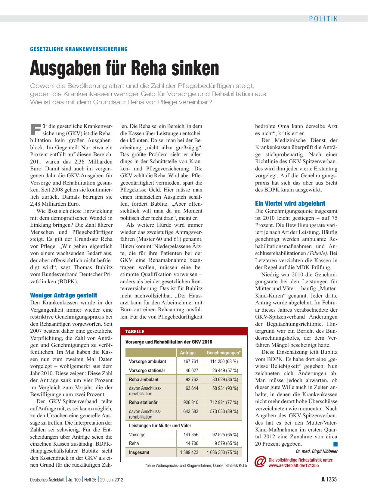 Vorschauseite 1: Gesetzliche Krankenversicherung: Ausgaben für Reha sinken